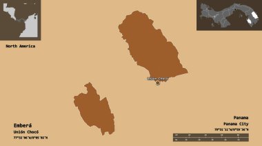 Embera 'nın şekli, Panama' nın yerli bölgesi ve başkenti. Uzaklık ölçeği, ön gösterimler ve etiketler. Düzenli desenli dokuların bileşimi. 3B görüntüleme