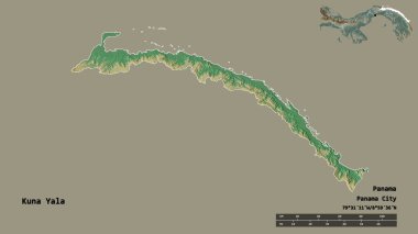 Panama 'nın yerli bölgesi Kuna Yala' nın şekli, başkenti sağlam bir zemin üzerinde izole edilmiş. Uzaklık ölçeği, bölge önizlemesi ve etiketleri. Topografik yardım haritası. 3B görüntüleme