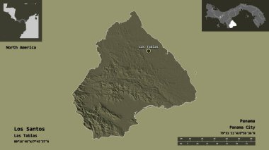 Los Santos 'un şekli, Panama ili ve başkenti. Uzaklık ölçeği, ön gösterimler ve etiketler. Renkli yükseklik haritası. 3B görüntüleme