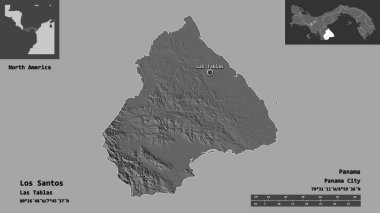 Los Santos 'un şekli, Panama ili ve başkenti. Uzaklık ölçeği, ön gösterimler ve etiketler. Çift seviyeli yükseklik haritası. 3B görüntüleme