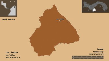 Los Santos 'un şekli, Panama ili ve başkenti. Uzaklık ölçeği, ön gösterimler ve etiketler. Düzenli desenli dokuların bileşimi. 3B görüntüleme