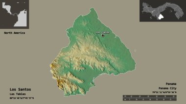 Los Santos 'un şekli, Panama ili ve başkenti. Uzaklık ölçeği, ön gösterimler ve etiketler. Topografik yardım haritası. 3B görüntüleme