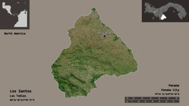 Los Santos 'un şekli, Panama ili ve başkenti. Uzaklık ölçeği, ön gösterimler ve etiketler. Uydu görüntüleri. 3B görüntüleme