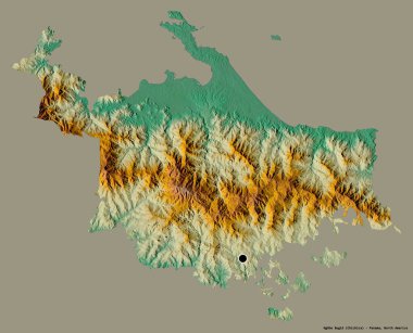 Ngobe Bugle 'ın şekli, Panama' nın doğal bölgesi, başkenti katı renk arkaplanı ile izole edilmiş. Topografik yardım haritası. 3B görüntüleme