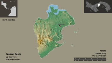 Panama Oeste, Panama ili ve başkenti. Uzaklık ölçeği, ön gösterimler ve etiketler. Topografik yardım haritası. 3B görüntüleme