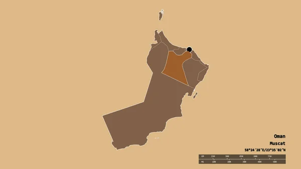阿曼以首都 主要区域分部和分隔的Ad Dakhliyah地区为首都的退化形态 有规律的纹理的组成 3D渲染 — 图库照片