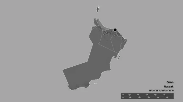以首都 主要区域分部和分离的Al Batinah北部地区为首都的阿曼的绝望状态 Bilevel高程图 3D渲染 — 图库照片