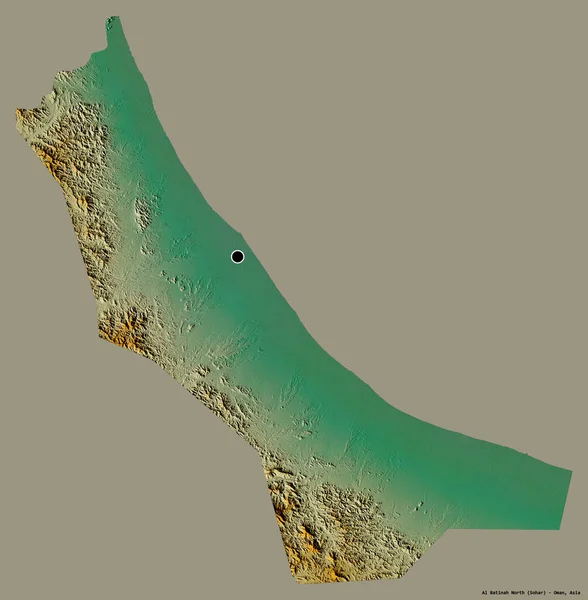 阿曼地区Al Batinah North的形状 其首都以纯色背景隔离 地形浮雕图 3D渲染 — 图库照片