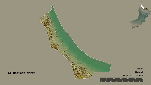 阿曼地区Al Batinah North的形状 其首都在坚实的背景下与世隔绝 距离尺度 区域预览和标签 地形浮雕图 3D渲染 — 图库照片