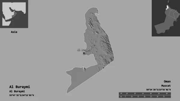 阿曼地区的Al Buraymi形状及其首都 距离刻度 预览和标签 Bilevel高程图 3D渲染 — 图库照片