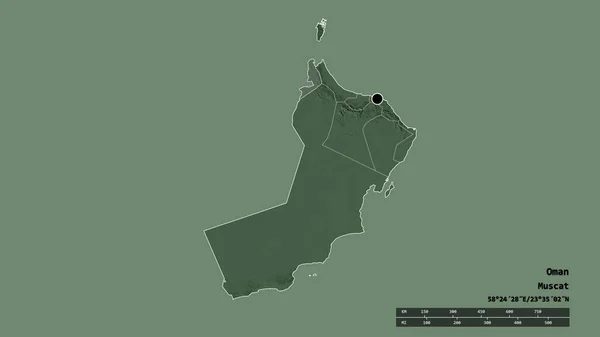 以首都 主要区域分部和分离的Al Buraymi地区为首都的阿曼的绝望状态 彩色高程图 3D渲染 — 图库照片