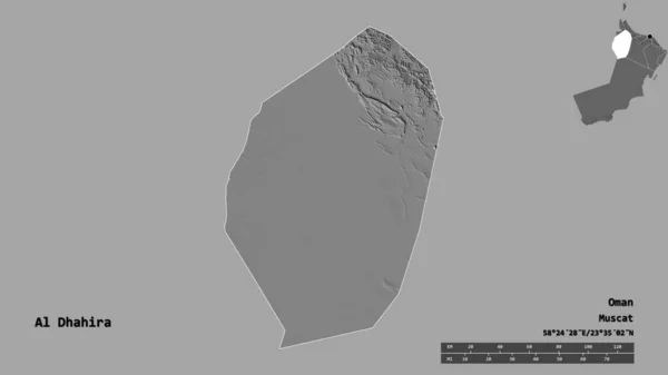 阿曼地区Al Dhahira的形状 其首都在坚实的背景下与世隔绝 距离尺度 区域预览和标签 Bilevel高程图 3D渲染 — 图库照片