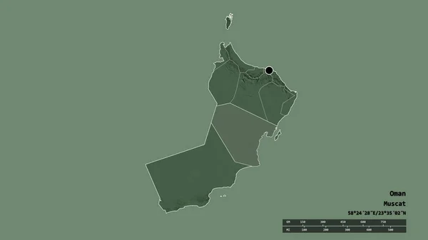 阿曼以首都 主要区域分部和分离的Al Wusta地区为首都的退化形态 彩色高程图 3D渲染 — 图库照片