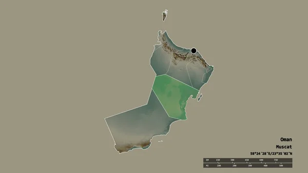 主要な地域部門と分離されたアル ウスタ地域でオマーンの荒廃した形 ラベル 地形図 3Dレンダリング — ストック写真