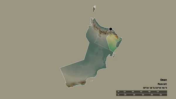 主要な地域部門と分離灰Sharqiyah北地域とオマーンの荒廃した形 ラベル 地形図 3Dレンダリング — ストック写真