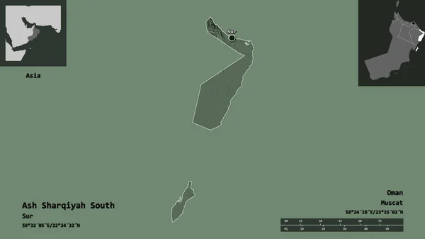 灰の形Sharqiyah南 オマーンの地域 およびその首都 距離スケール プレビューおよびラベル 色の標高マップ 3Dレンダリング — ストック写真