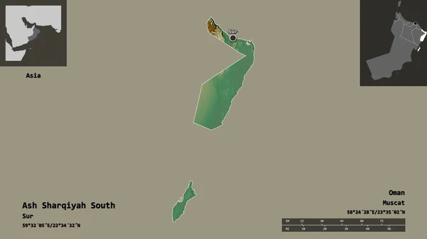 灰の形Sharqiyah南 オマーンの地域 およびその首都 距離スケール プレビューおよびラベル 地形図 3Dレンダリング — ストック写真