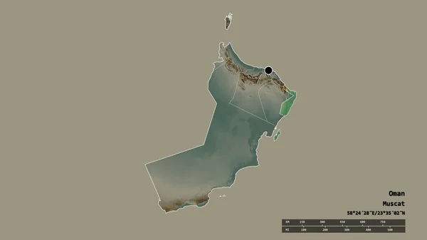 以首都 主要区域分部和分离的Ashsharqiyah South地区为首都的阿曼的荒凉面貌 地形浮雕图 3D渲染 — 图库照片