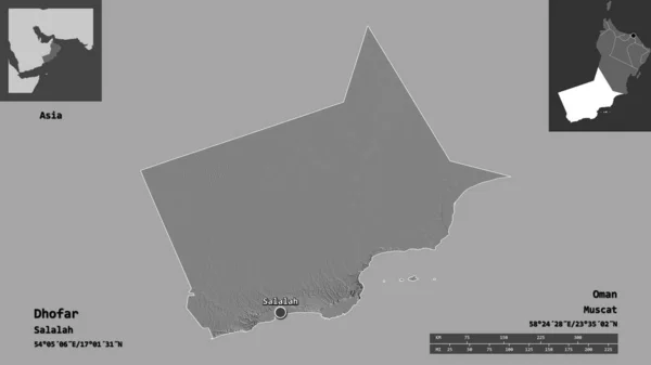 阿曼省及其首都多法尔省的形状 距离刻度 预览和标签 Bilevel高程图 3D渲染 — 图库照片
