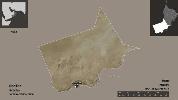 阿曼省及其首都多法尔省的形状 距离刻度 预览和标签 卫星图像 3D渲染 — 图库照片