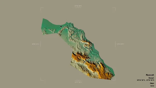 阿曼省马斯喀特的一个地区 在一个地理参考包围箱中 在坚实的背景下被隔离 地形浮雕图 3D渲染 — 图库照片