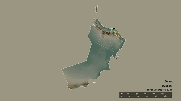 以首都 主要区域分部和分离的马斯喀特地区为首都的阿曼的绝望面貌 地形浮雕图 3D渲染 — 图库照片