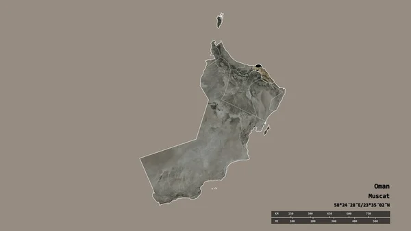 主要な地域部門と分離されたマスカット地域とオマーンの荒廃した形 ラベル 衛星画像 3Dレンダリング — ストック写真