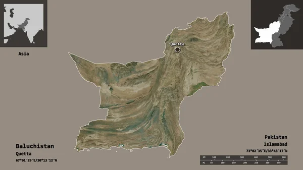 Baluchistan Şekli Pakistan Eyaleti Başkenti Uzaklık Ölçeği Gösterimler Etiketler Uydu — Stok fotoğraf