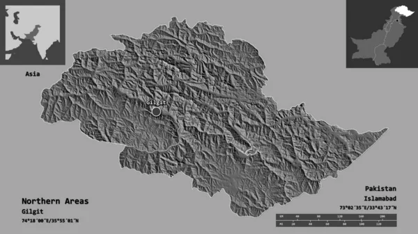 北部地区的形状 中央管理的地区 巴基斯坦的首都 距离刻度 预览和标签 Bilevel高程图 3D渲染 — 图库照片