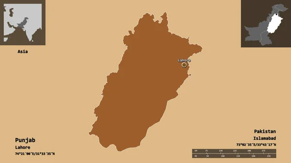パンジャブ州 パキスタンの州とその首都の形 距離スケール プレビューおよびラベル 規則的にパターン化されたテクスチャの構成 3Dレンダリング — ストック写真