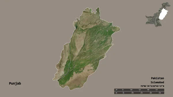 巴基斯坦旁遮普省的形状 其首都在坚实的背景下与世隔绝 距离尺度 区域预览和标签 卫星图像 3D渲染 — 图库照片