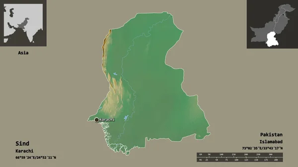 砂の形 パキスタンの州 そしてその首都 距離スケール プレビューおよびラベル 地形図 3Dレンダリング — ストック写真