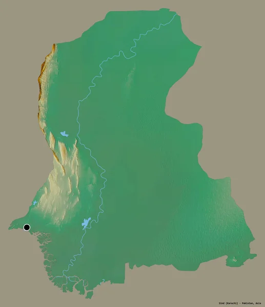 巴基斯坦信德省的形状 其首都用纯色背景隔开 地形浮雕图 3D渲染 — 图库照片