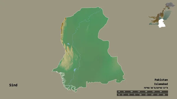 巴基斯坦信德省的形状 其首都在坚实的背景下与世隔绝 距离尺度 区域预览和标签 地形浮雕图 3D渲染 — 图库照片