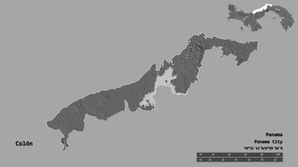 巴拿马省科隆的形状 其首都在坚实的背景下与世隔绝 距离尺度 区域预览和标签 Bilevel高程图 3D渲染 — 图库照片