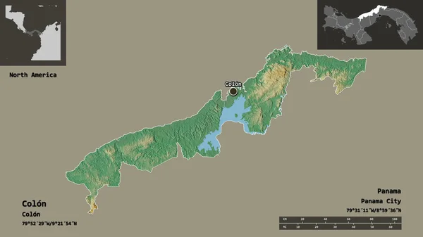 パナマの州であるコロンとその首都の形 距離スケール プレビューおよびラベル 地形図 3Dレンダリング — ストック写真