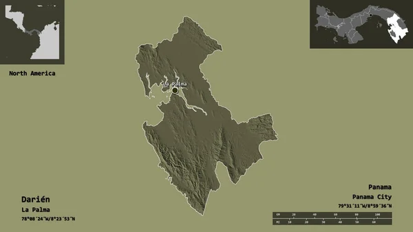 パナマの州ダリアンとその首都の形 距離スケール プレビューおよびラベル 色の標高マップ 3Dレンダリング — ストック写真