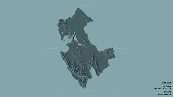 パナマの州ダリアンの地域は 洗練された境界ボックス内の強固な背景に隔離されています ラベル 色の標高マップ 3Dレンダリング — ストック写真