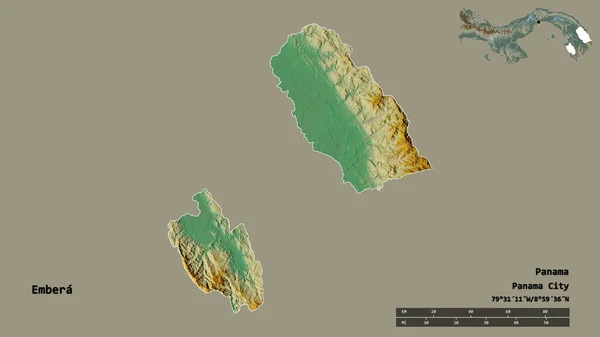 パナマの先住民の領土であるエンベラの形は その資本がしっかりとした背景に隔離されています 距離スケール リージョンプレビュー およびラベル 地形図 3Dレンダリング — ストック写真