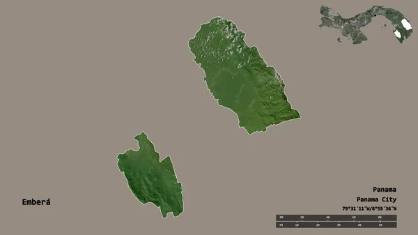 Embera的形状 巴拿马的土著领土 其首都孤立的坚实背景 距离尺度 区域预览和标签 卫星图像 3D渲染 — 图库照片