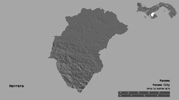 巴拿马省赫雷拉的形状 其首都在坚实的背景下与世隔绝 距离尺度 区域预览和标签 Bilevel高程图 3D渲染 — 图库照片