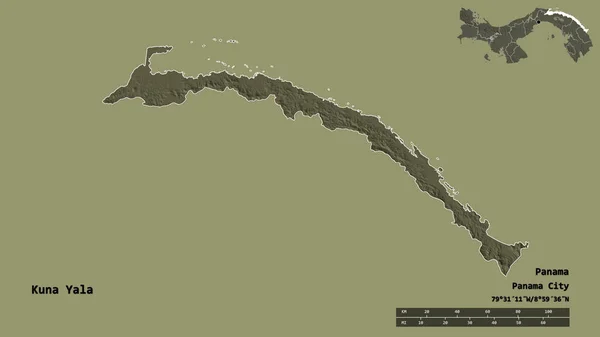 巴拿马土著领地Kuna Yala的形状 其首都在坚实的背景下与世隔绝 距离尺度 区域预览和标签 彩色高程图 3D渲染 — 图库照片