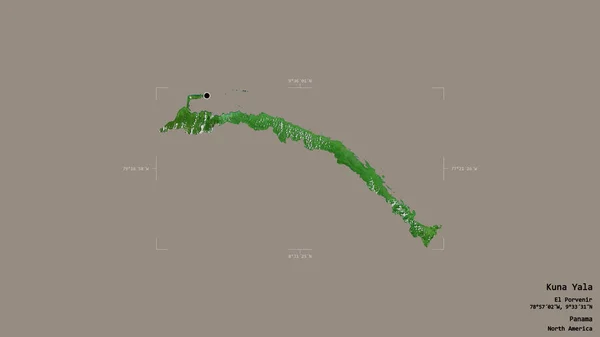 Area of Kuna Yala, indigenous territory of Panama, isolated on a solid background in a georeferenced bounding box. Labels. Satellite imagery. 3D rendering