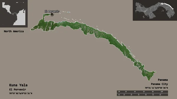 Shape of Kuna Yala, indigenous territory of Panama, and its capital. Distance scale, previews and labels. Satellite imagery. 3D rendering