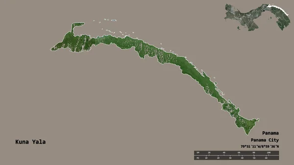 Shape of Kuna Yala, indigenous territory of Panama, with its capital isolated on solid background. Distance scale, region preview and labels. Satellite imagery. 3D rendering