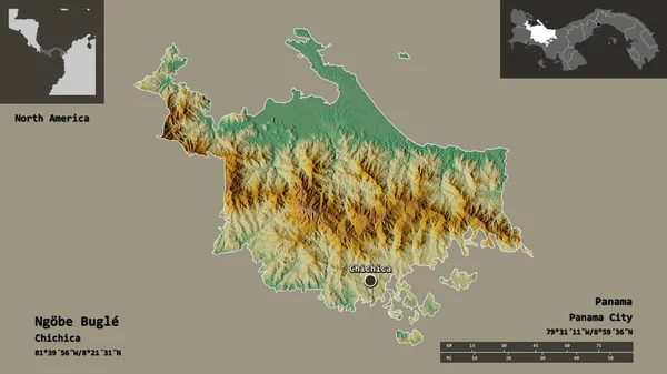 Shape of Ngobe Bugle, indigenous territory of Panama, and its capital. Distance scale, previews and labels. Topographic relief map. 3D rendering