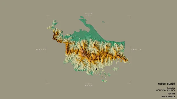Area of Ngobe Bugle, indigenous territory of Panama, isolated on a solid background in a georeferenced bounding box. Labels. Topographic relief map. 3D rendering