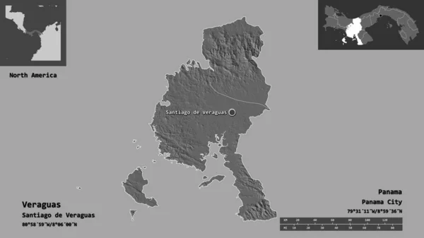 巴拿马省维拉瓜市的形状及其首府 距离刻度 预览和标签 Bilevel高程图 3D渲染 — 图库照片
