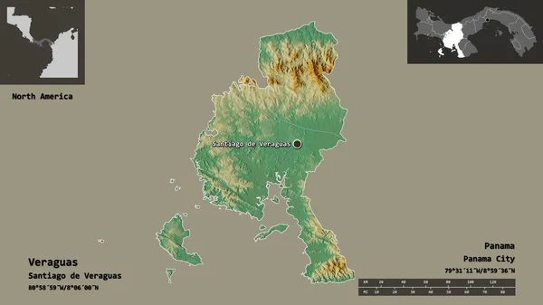 パナマ共和国のヴェラガス州とその首都の形 距離スケール プレビューおよびラベル 地形図 3Dレンダリング — ストック写真