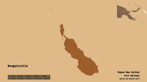 巴布亚新几内亚自治区布干维尔的形状 其首都在坚实的背景下与世隔绝 距离尺度 区域预览和标签 有规律的纹理的组成 3D渲染 — 图库照片